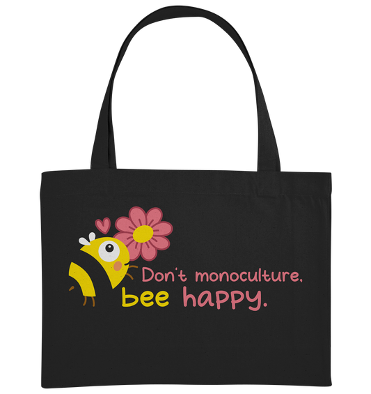 Vegan, Recycled & Eco große Stofftasche: Save the bees (bedruckt mit süßer Biene im Comic Stil, kleinem rosa Herz und Blume, Schriftzug, Vegan Merch, Insektenschutz, Rettet die Bienen, Wildbienen schützen, Tierschutz) in schwarz