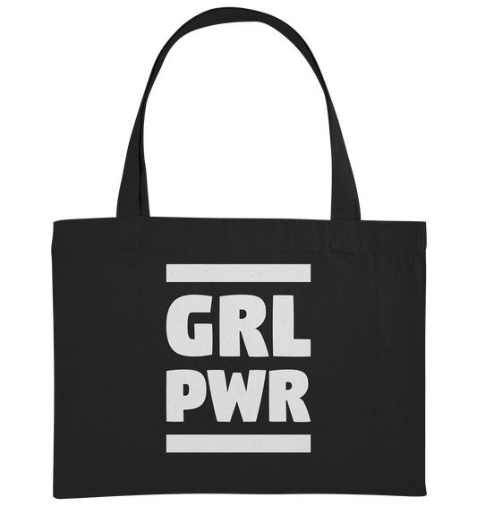 Vegan, Recycled & Eco große Stofftasche: GIRL POWER - Design mit feministischer Message (bedruckt mit GIRL POWER ohne Vokale und zwei fette Balken, Feminismus Merch, feministische Prints, feministische Kleidung, Gleichberechtigung für Frauen) in schwarz