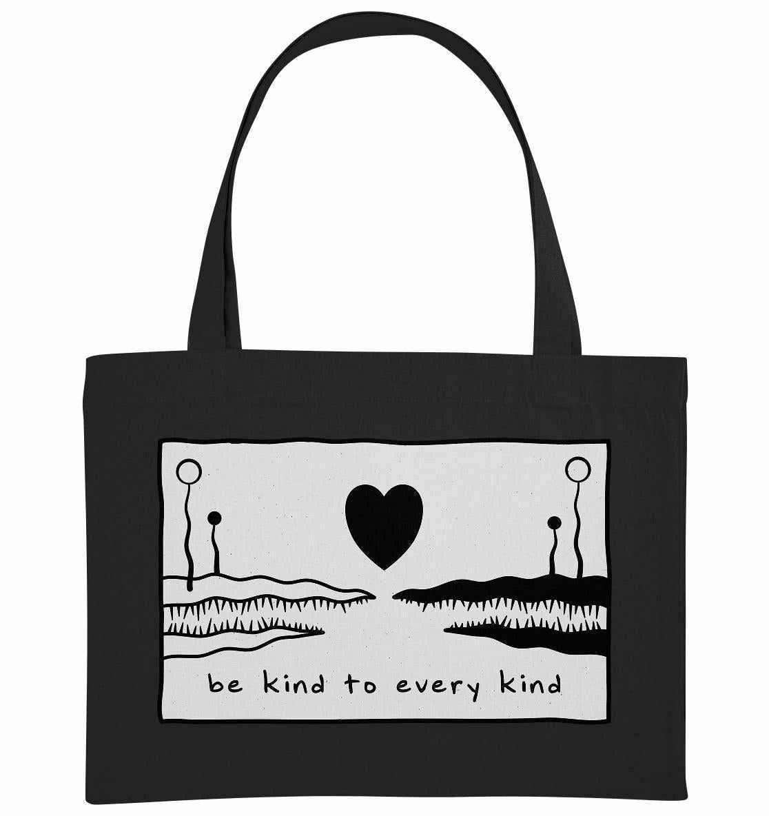 Vegan und Recycling extragroße Stofftasche: Be kind to every kind, mit schwarzem Herz- und Dinosauriermotiv, ideal für umweltbewusste und stilvolle Träger.