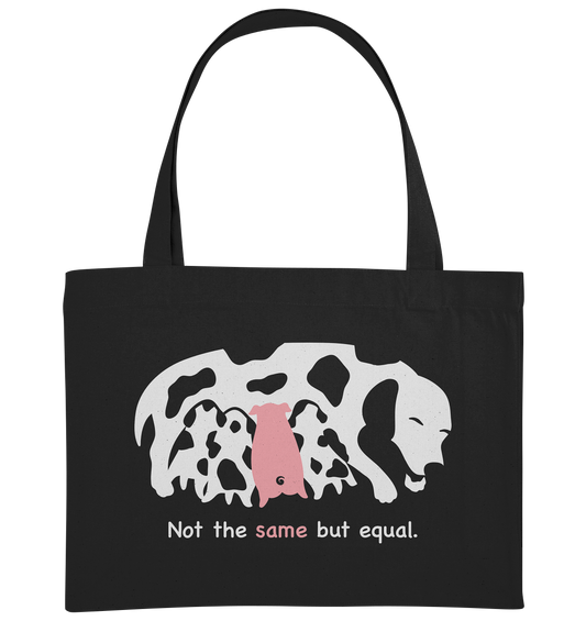 Vegan, Recycled & Eco große Stofftasche: Animal equality (Hundemama stillt Welpen und ein Ferkel, Hunde sind weiß mit Flecken, das Ferkel ist rosa, darunter Schriftzug in weiß und rosa) auf schwarz