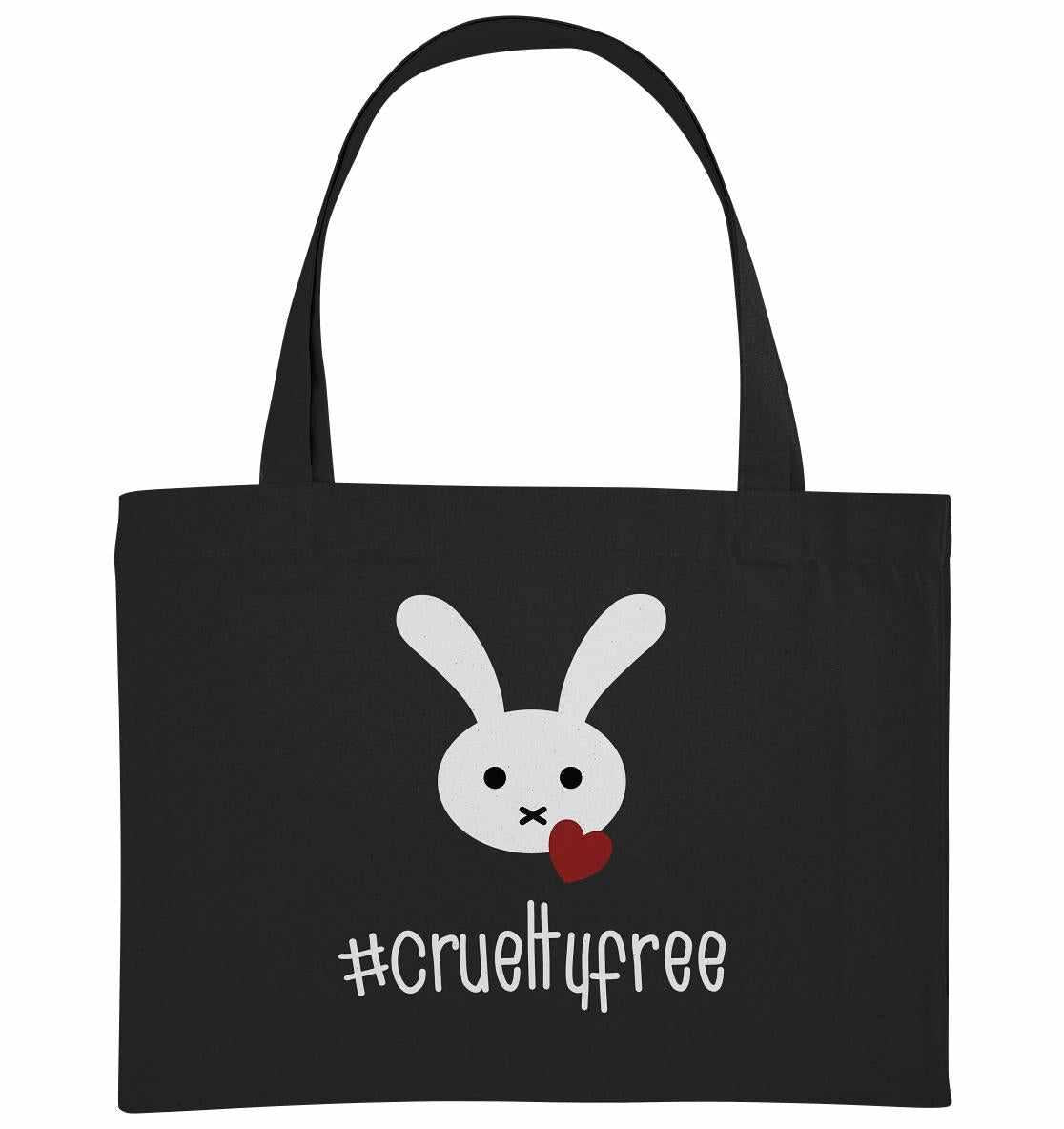 Vegan und Recycling extragroße Stofftasche: Crueltyfree Bunny, mit weißem Kaninchen und Herzmotiv, aus recycelten Materialien, setzt ein Zeichen gegen Tierversuche.