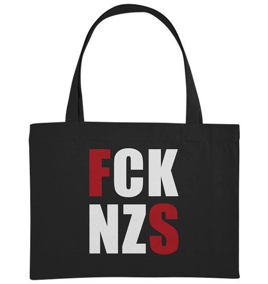 Schwarze extragroße Stofftasche mit FCK NZS Slogan in roten und weißen Buchstaben, aus 80% recycelter Baumwolle und 20% recyceltem Polyester, von RUDE REBEL.