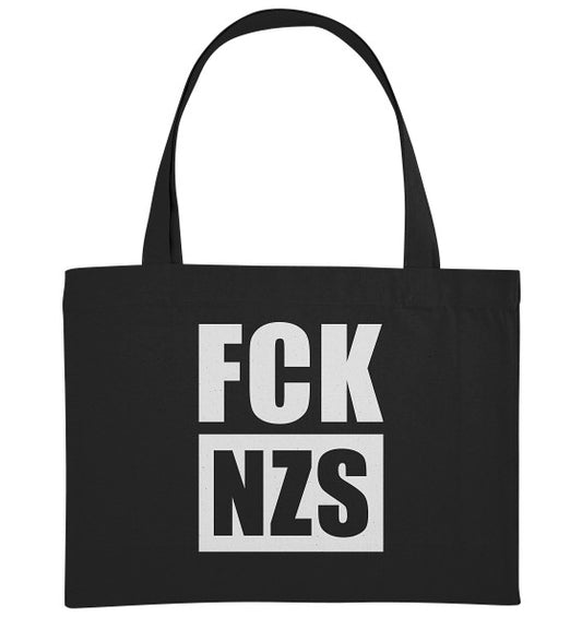 Schwarze, vegane und recycelte extragroße Stofftasche mit weißem „FCK NZS“-Schriftzug, verstärktem Kreuzstich und Seitenfalte von RUDE REBEL.