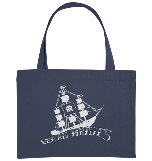 Vegan, Recycled & Eco große Stofftasche: Vegan Pirates (Piratenschiff und Oldschool Schriftzug) in blau