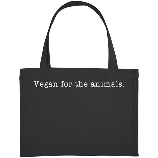 Vegan und Recycling extragroße Stofftasche: Minimalism Design - Schwarze Canvas-Tasche mit Slogan „Vegan for the animals“, 80 % recycelte Baumwolle, 20 % recyceltes Polyester, robuste Verarbeitung.