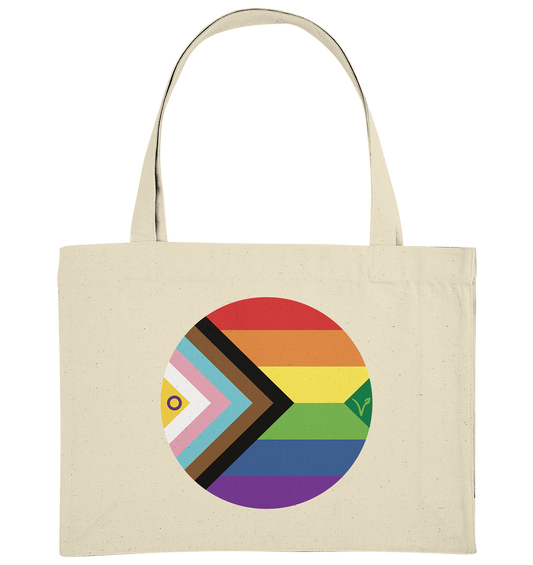 Vegan, Recycled & Eco große Stofftasche: LGBTQAI+ VEGAN BIG (Queer Fahne in Kreisform und ein V für Veganismus, Solidarität, Veganismus, LGBTQ Community) in beige