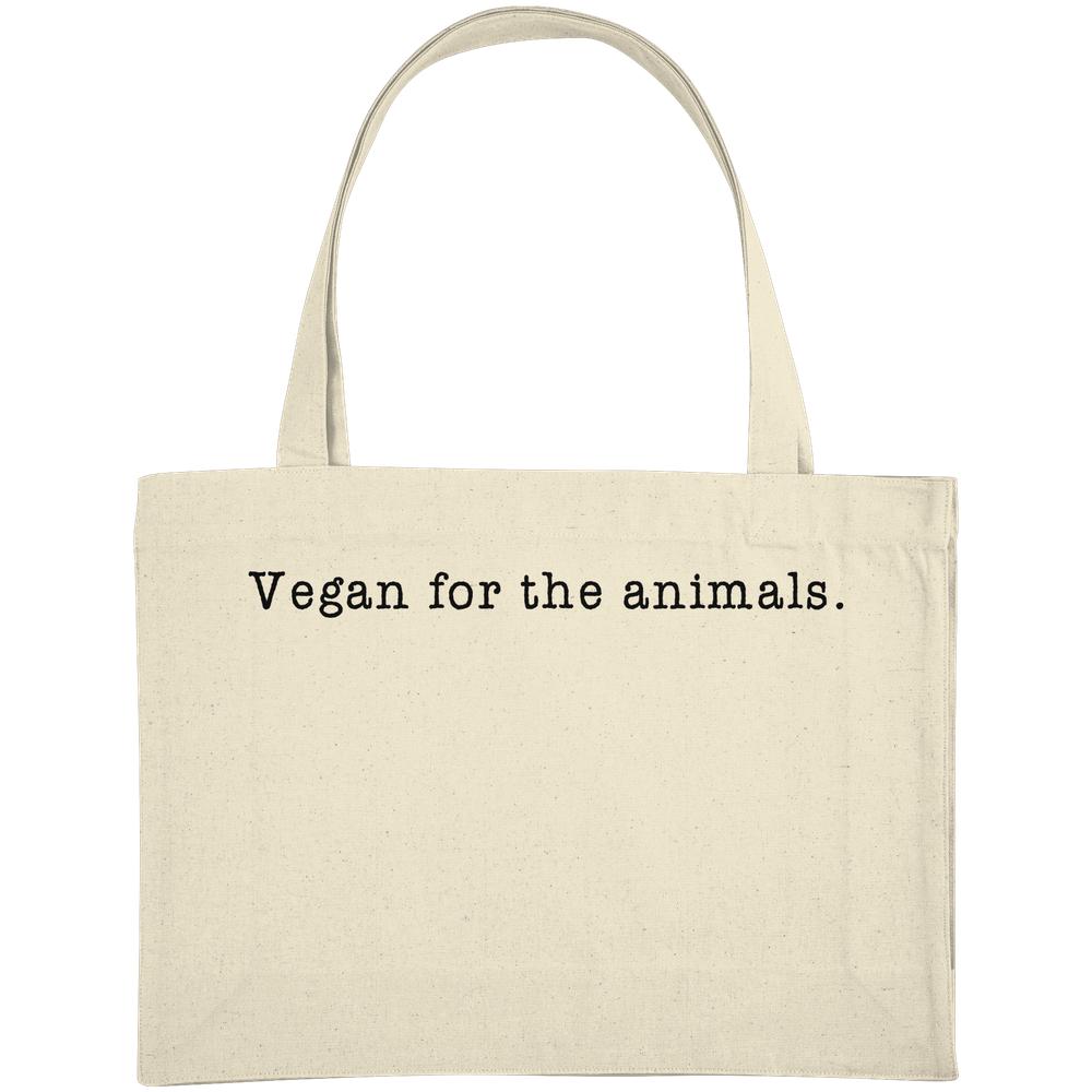 Vegan und Recycling extragroße Stofftasche: Minimalism Design mit dem Slogan „Vegan for the animals“ auf natürlichem Canvas, lange Henkel, robust verarbeitet, nachhaltig aus recyceltem Material.