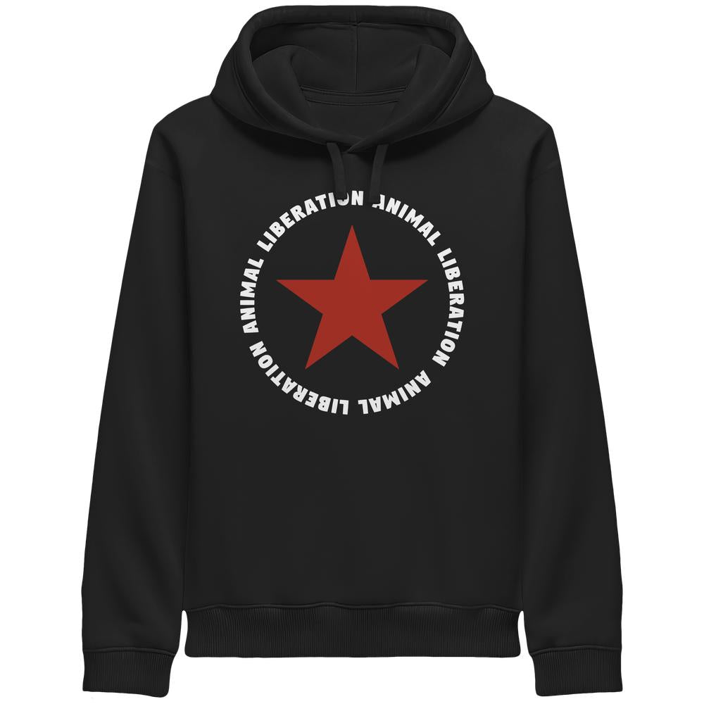 Vegan und Bio Unisex Side Pocket Hoodie: Red Star and Animal Liberation, schwarzer Hoodie mit rotem Stern und Botschaft für Tierrechte, Bio-Baumwolle und recyceltem Polyester.