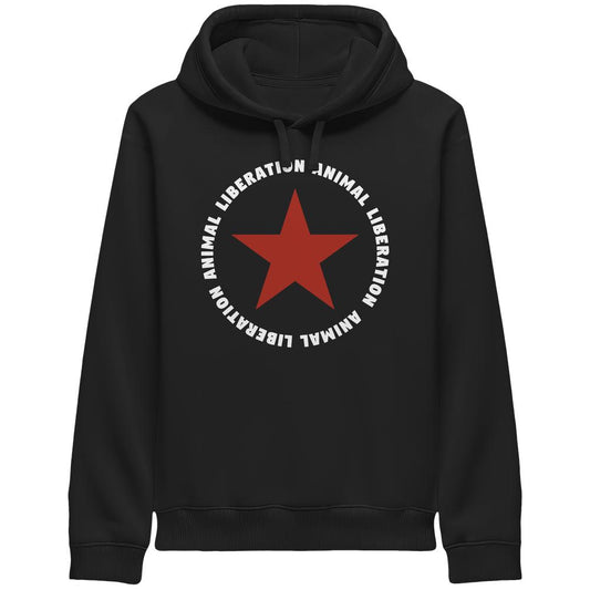 Vegan und Bio Unisex Side Pocket Hoodie: Red Star and Animal Liberation, schwarzer Hoodie mit rotem Stern und Botschaft für Tierrechte, Bio-Baumwolle und recyceltem Polyester.