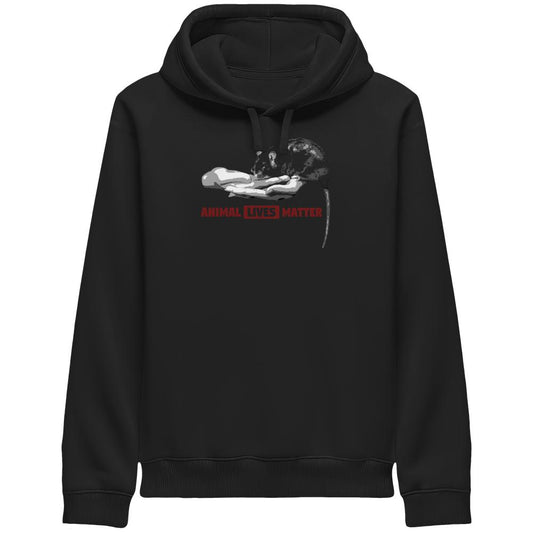 Schwarzer Unisex-Hoodie mit Grafik einer Hand, die eine Ratte hält, und rotem Text 'ANIMAL LIVES MATTER', betont Gleichwertigkeit aller Lebewesen.