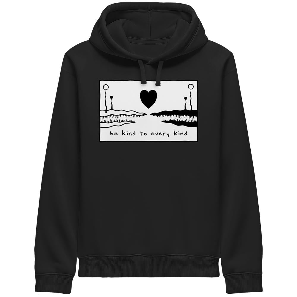 Schwarzer Unisex Hoodie mit weißem, handgezeichnetem Design und dem Slogan „be kind to every kind“ auf der Brust. Vegane, nachhaltige Mode von RUDE REBEL.