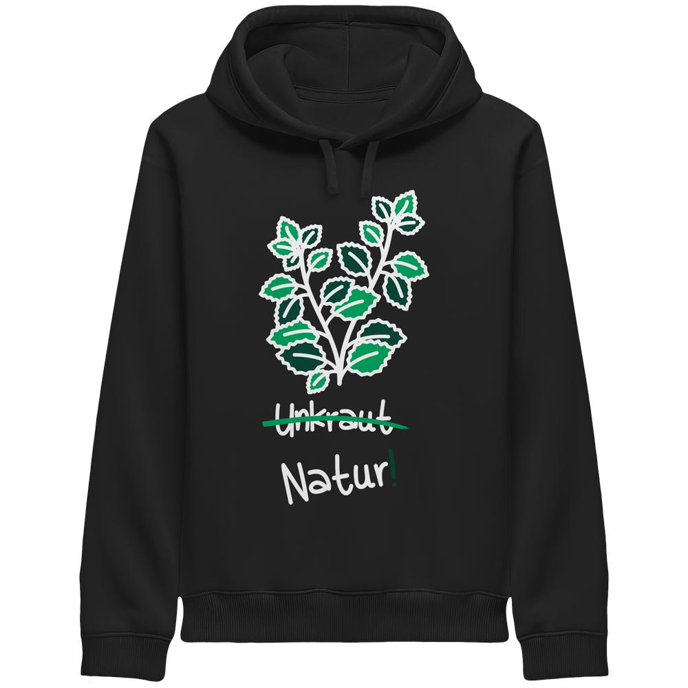 Vegan und Bio Unisex Side Pocket Hoodie: Brennnessel - Naturschutz mit grünem Blattmotiv und Schriftzug Unkraut durchgestrichen, ersetzt durch Natur! auf schwarzem Hoodie.