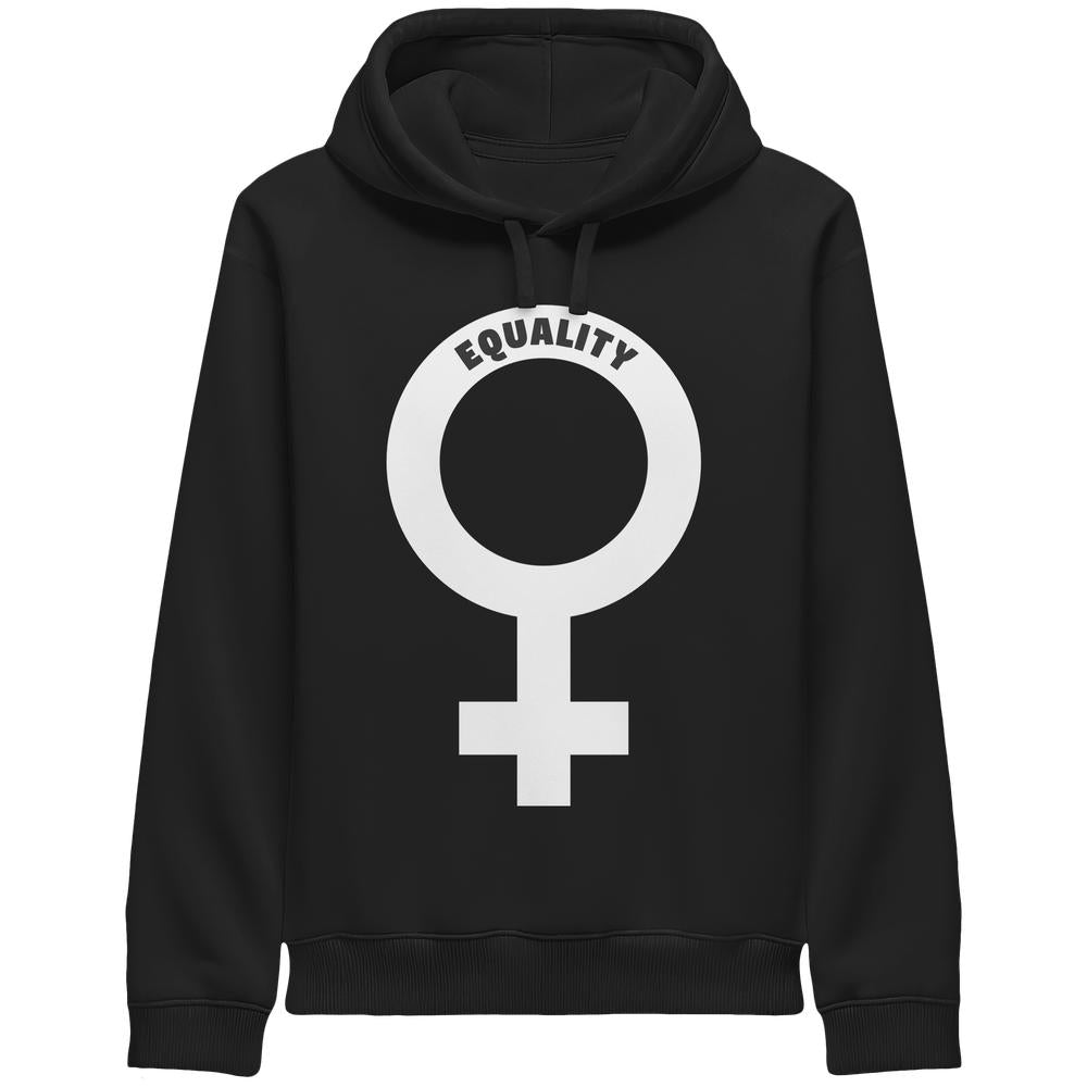Schwarzer Hoodie Vegan und Bio Unisex Side Pocket Hoodie: Das Venussymbol mit weißem Gleichheitssymbol und Schriftzug EQUALITY in Weiß auf der Vorderseite.