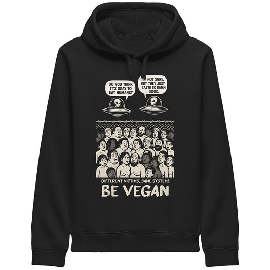 Vegan und Bio Unisex Side Pocket Hoodie: Alien Invasion - BE VEGAN! zeigt Aliens, die Menschlichkeit hinterfragen, um Empathie für Tierrechte zu fördern.