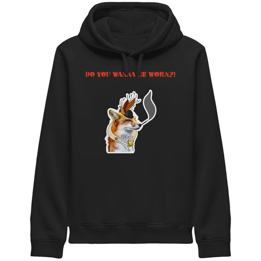 Veganer Unisex-Hoodie mit Seitentaschen: Mrs. Fox demonstriert gegen Pelz! Schwarzer Hoodie mit rotem Text und illustriertem Fuchs mit Kopfstück und Pfeife.