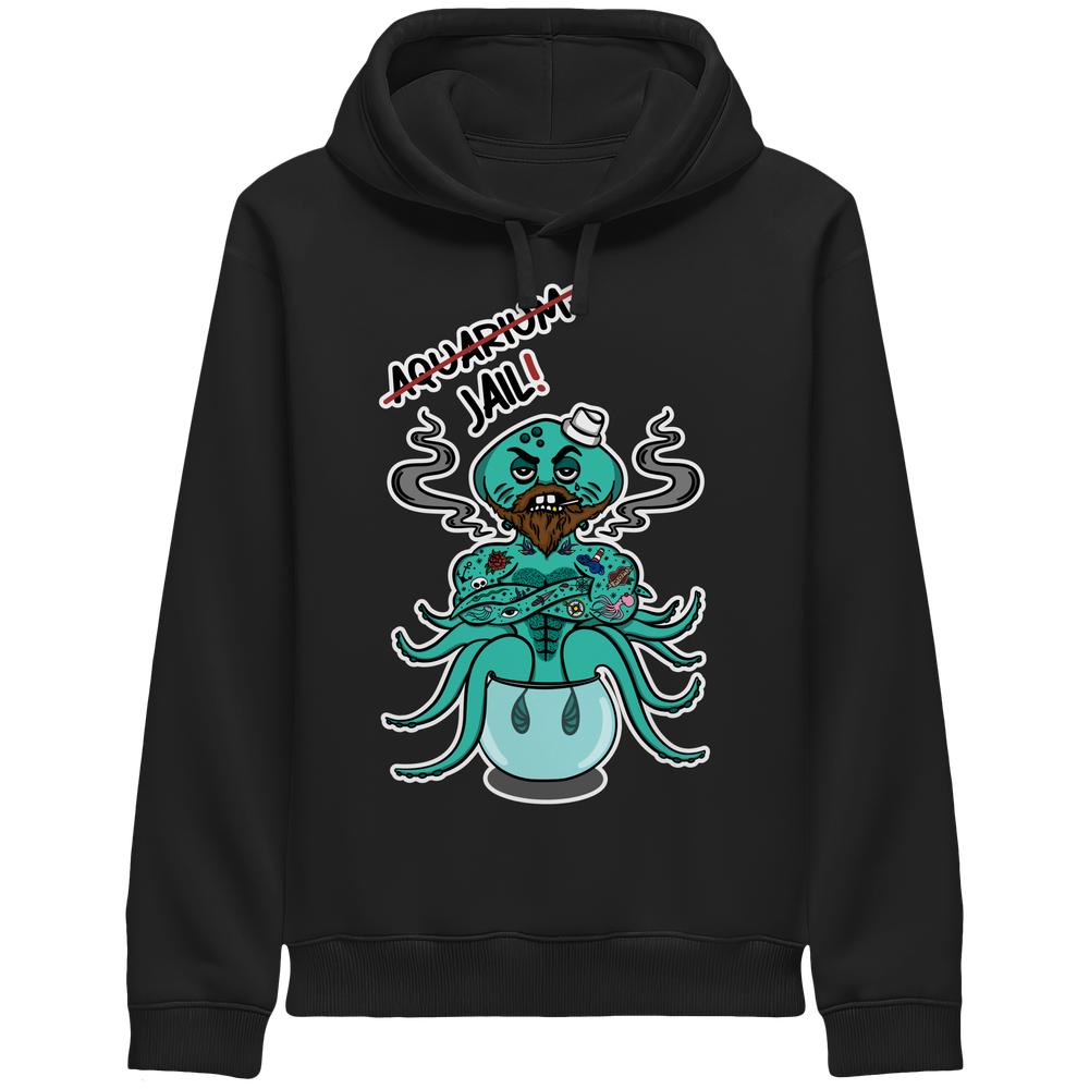 Vegan und Bio Unisex Side Pocket Hoodie: Animal Rights - Aquarium=Jail! zeigt cartoonartigen Oktopus mit Matrosenmütze, puffender Rauch, auf Toilette sitzend, symbolisiert Tierrechtskritik.