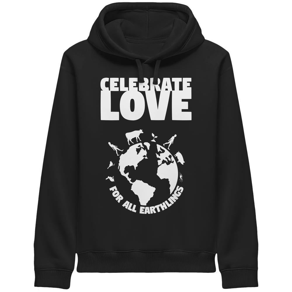 Vegan und Bio Unisex Side Pocket Hoodie: Celebrate Love For All Earthlings mit Slogan und Erdkugel-Illustration, umgeben von Silhouetten von Menschen, Tieren und Pflanze.