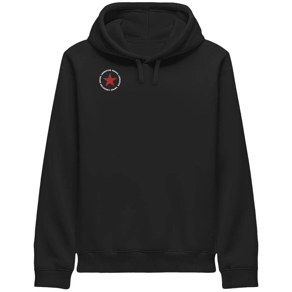 Vegan und Bio Unisex Side Pocket Hoodie: Schwarzer Pullover mit rotem Sternlogo Animal Liberation, Kapuze, Seitennahttaschen, Bio-Baumwolle, recycelter Polyester.