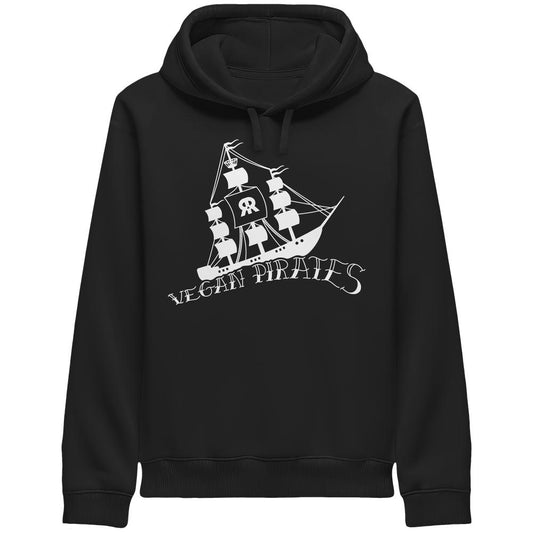 Schwarzer Vegan und Bio Unisex Side Pocket Hoodie: Vegan Pirates mit weißer Piratenschiff-Grafik und VEGAN PIRATES-Schriftzug, aus Bio-Baumwolle und recyceltem Polyester.
