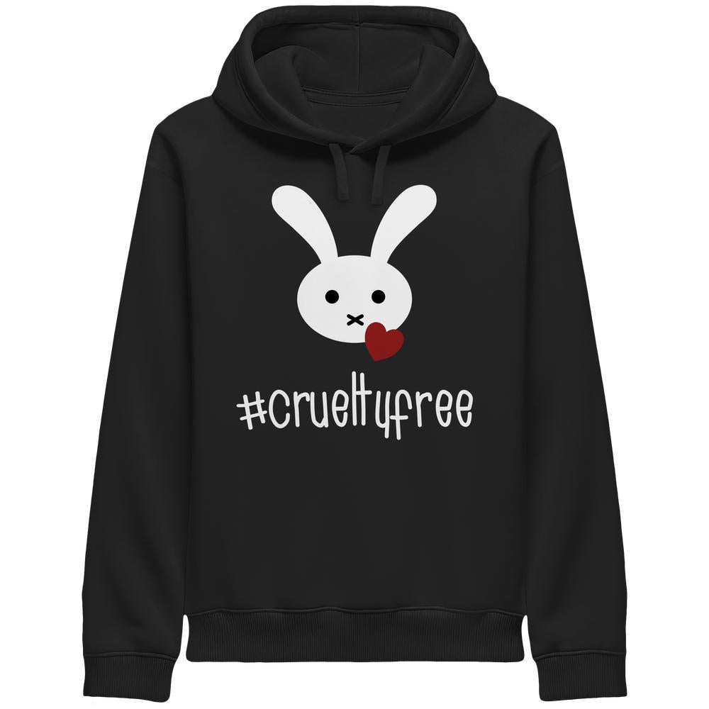 Vegan und Bio Unisex Side Pocket Hoodie: Crueltyfree Bunny BIG zeigt ein Hasengesicht und ein Herz, betont durch den Schriftzug “#crueltyfree” auf der Vorderseite.