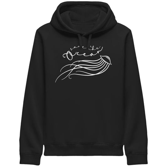 Vegan und Bio Unisex Side Pocket Hoodie mit Quallen-Design und Save the Ocean-Aufruf, betont nachhaltige Materialien und Meeresbewusstsein.