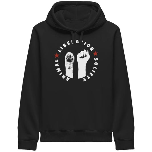 Vegan und Bio Unisex Side Pocket Hoodie: Raise paw and fist for Animal Liberation! Schwarzer Hoodie mit Tierpfote und Faust-Silhouetten, umgeben von ANIMAL LIBERATION SOCIETY-Schriftzug.