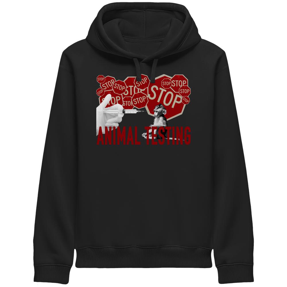 Vegan und Bio Unisex Side Pocket Hoodie: STOP ANIMAL TESTING! zeigt Protestgrafik mit STOP-Schildern, Spritze und kleinem Tier, symbolisiert Widerstand gegen Tierversuche.