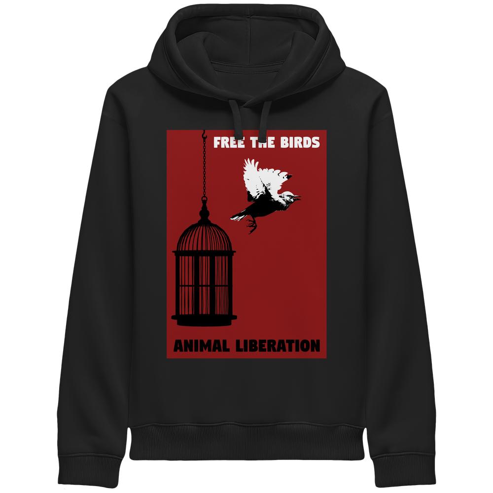 Vegan und Bio Unisex Hoodie mit rotem Rechteck und Vogelkäfig-Silhouette, Text FREE THE BIRDS und ANIMAL LIBERATION, aus Bio-Baumwolle und recyceltem Polyester, von RUDE REBEL.