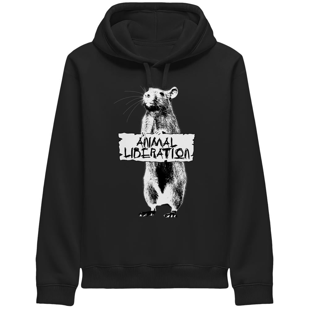 Vegan und Bio Unisex Side Pocket Hoodie: Rat for Animal Liberation mit kontrastreichem Stencil-Design einer Ratte und Protest-Schild, inspiriert von Banksy, auf schwarzem Stoff.