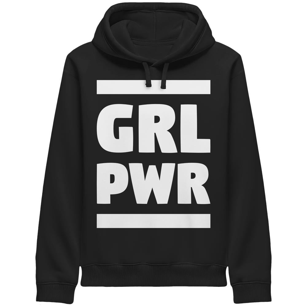 Schwarzer Kinder-Hoodie mit Kapuze und Kordeln, Frontprint „GRL PWR“