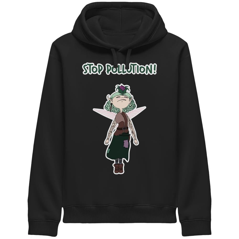 Vegan und Bio Unisex Side Pocket Hoodie: Schwarzer Hoodie mit Krawall Fee und STOP POLLUTION!-Aufdruck, betont Umweltschutz und rebellischen Geist.
