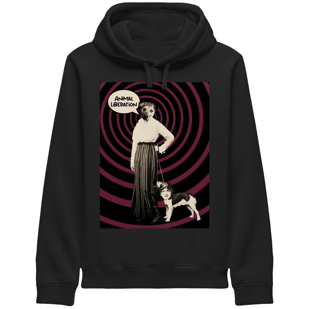Vegan und Bio Unisex Side Pocket Hoodie: Upside Down - Animal Liberation mit surrealem Hunde-Mensch-Collagenmotiv und Sprechblase, thematisiert Tierrechte und Freiheit auf schwarzem Hoodie.