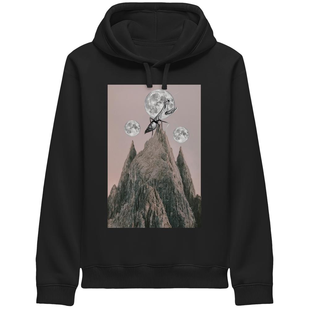 Vegan und Bio Unisex Side Pocket Hoodie: Gottesanbeterin mit surrealem Berg- und Mondgrafik, aus Bio-Baumwolle, symbolisiert Schutz der Insektenwelt auf fiktivem Planeten.