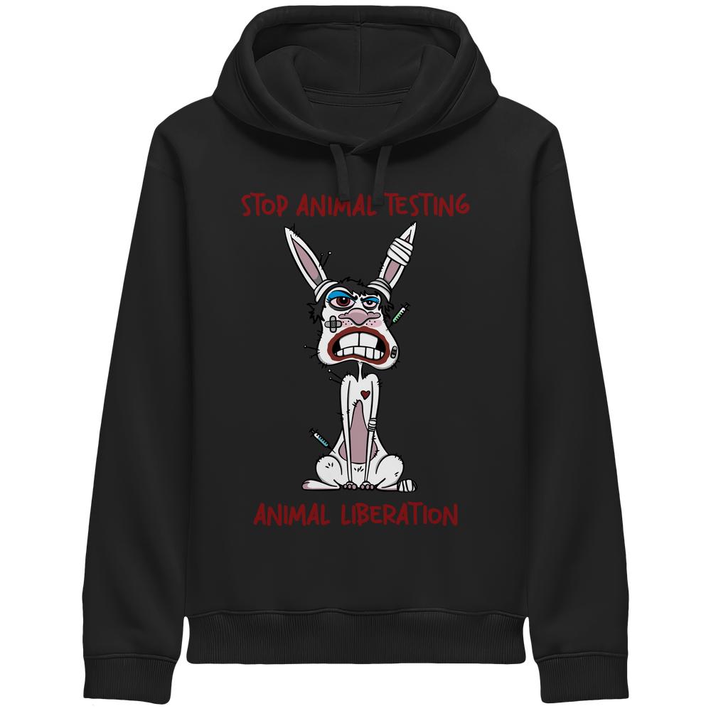Vegan und Bio Unisex Hoodie mit Seitentaschen: Cartoon-Hase mit Bandagen, Spritzen, STOP ANIMAL TESTING und ANIMAL LIBERATION Slogans; Anti-Tierversuch, tierfreundliches Design.
