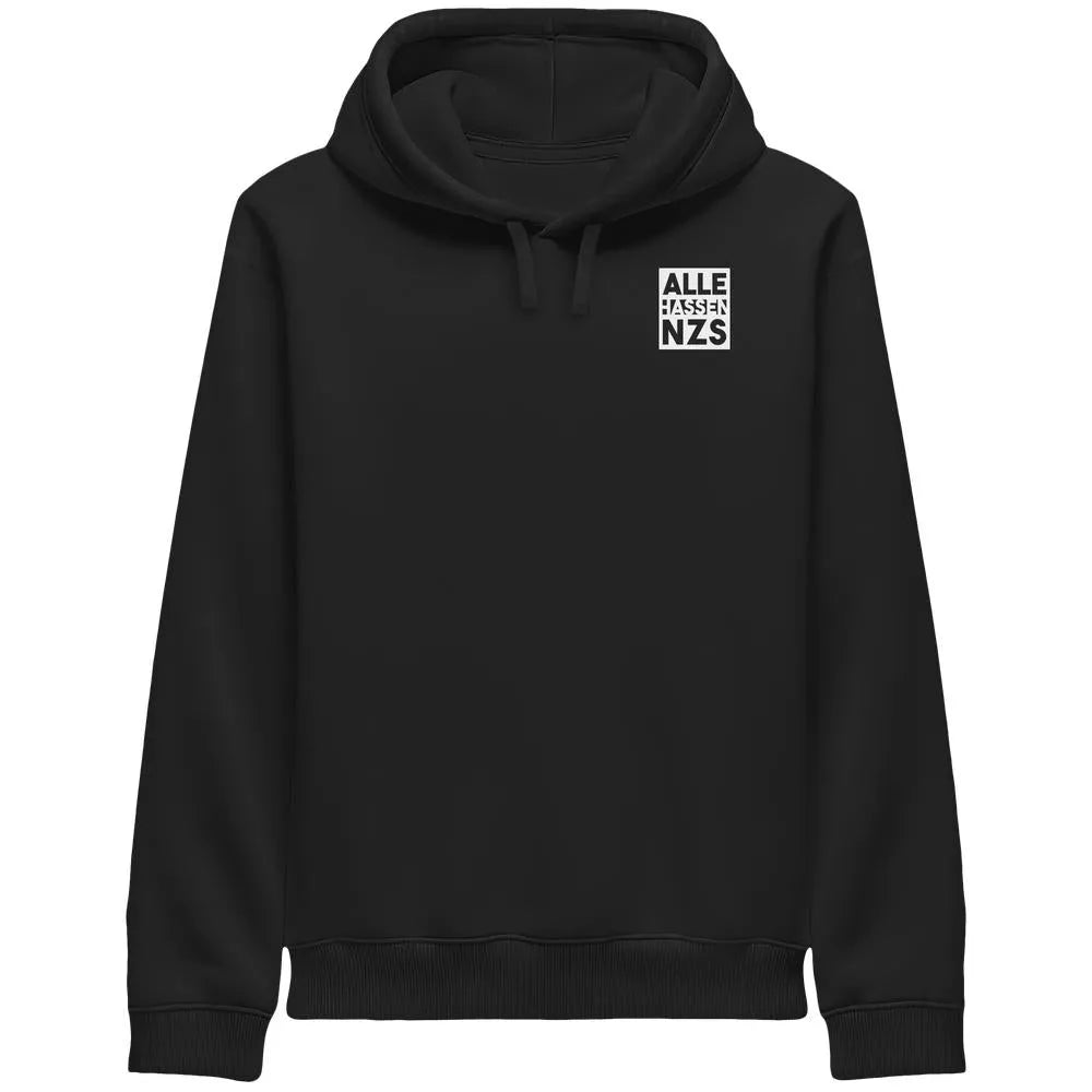 Veganes Bio Kapuzen-Sweatshirt, schwarz, mit Kängurutasche und Kordelzug, ALLE HASSEN NZS