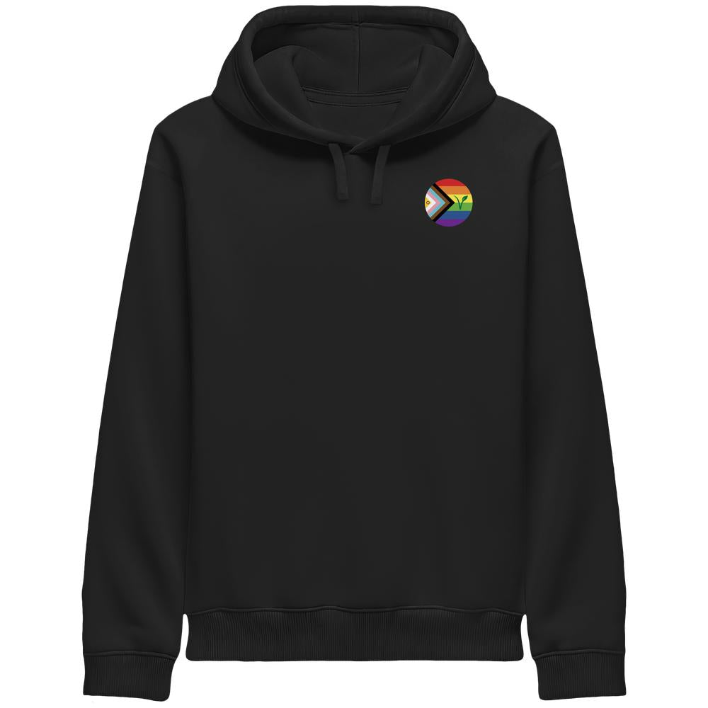 Kapuzensweatshirt in Schwarz mit Kängurutasche, Kordelzug und Regenbogen-Logo