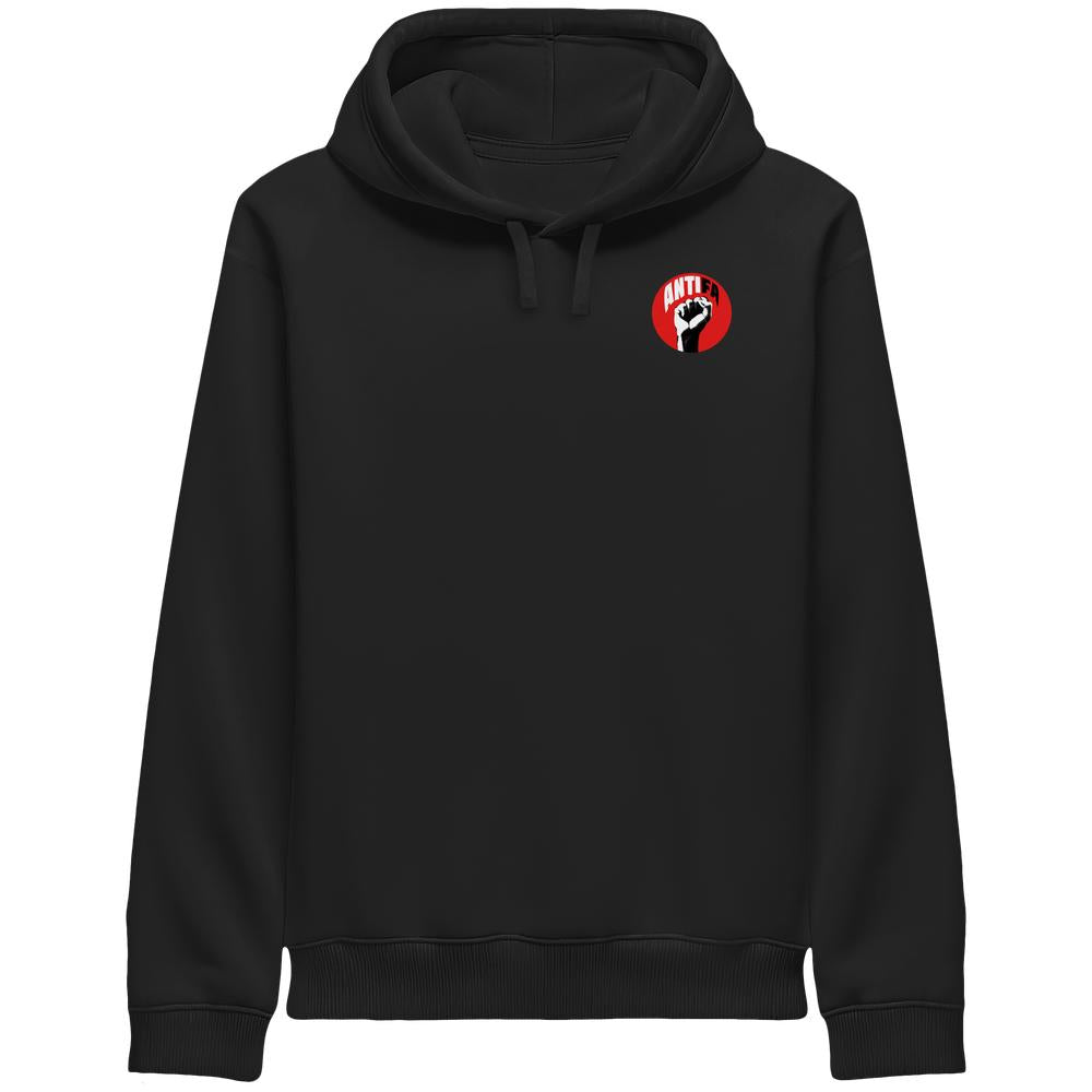 Herren-Hoodie in Schwarz mit Kapuze, Kordelzug und Brustlogo „ANTIFA“