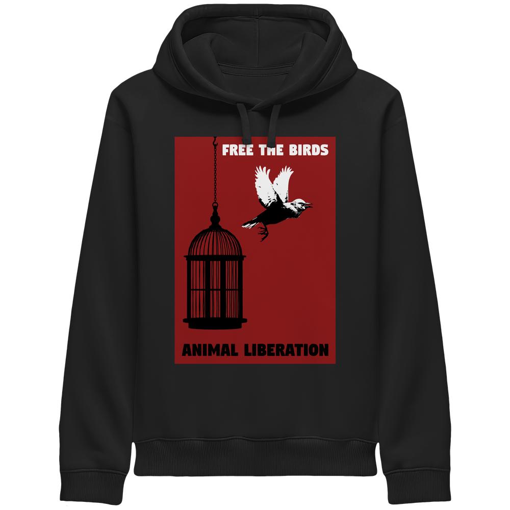 Schwarzer Hoodie mit Kapuze und Vogel-Käfig-Print vorne