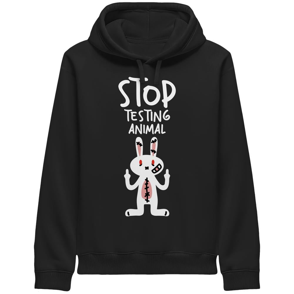 Vegan und Bio Side Pocket Hoodie: Angry Rabbit - Animal Rights mit wütendem Cartoon-Hasen und STOP TESTING ANIMAL-Schriftzug, protestiert gegen Tierversuche.