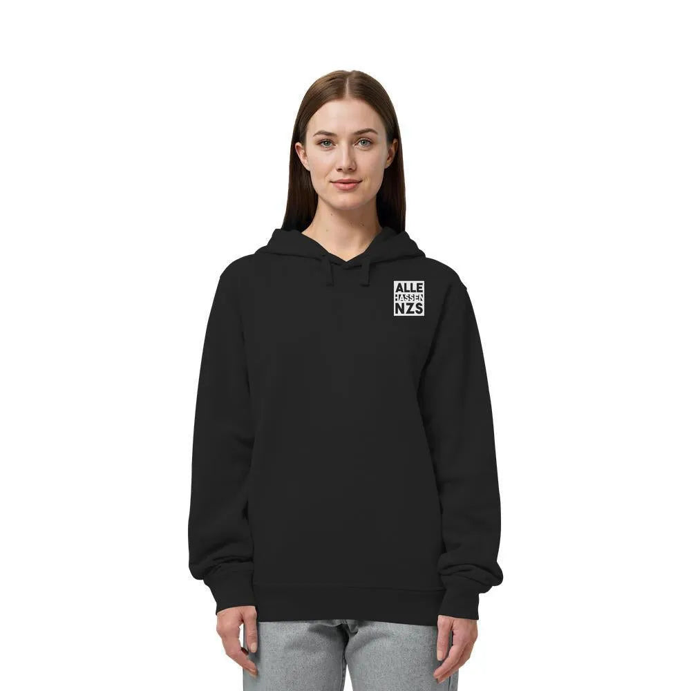 Veganes Bio Kapuzen-Sweatshirt in schwarz, mit Kängurutasche und ALLE HASSEN NZS Logo