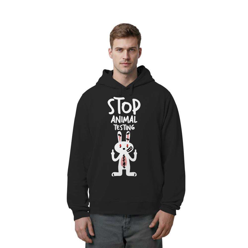 Herren-Kapuzenpullover in Schwarz mit Frontaufdruck „STOP ANIMAL TESTING“ und Kaninchen
