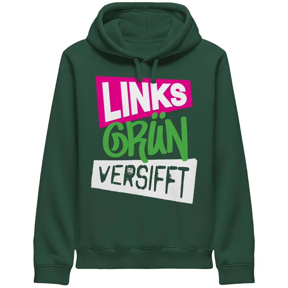 Dunkelgrüner Vegan und Bio Unisex Side Pocket Hoodie mit Links Grün Versifft-Slogan in Stencil-Optik, ideal für umweltbewusste Rebellen.