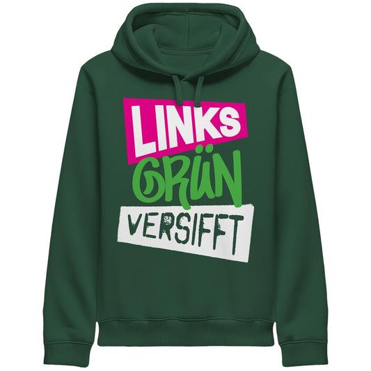 Dunkelgrüner Vegan und Bio Unisex Side Pocket Hoodie mit Links Grün Versifft-Slogan in Stencil-Optik, ideal für umweltbewusste Rebellen.