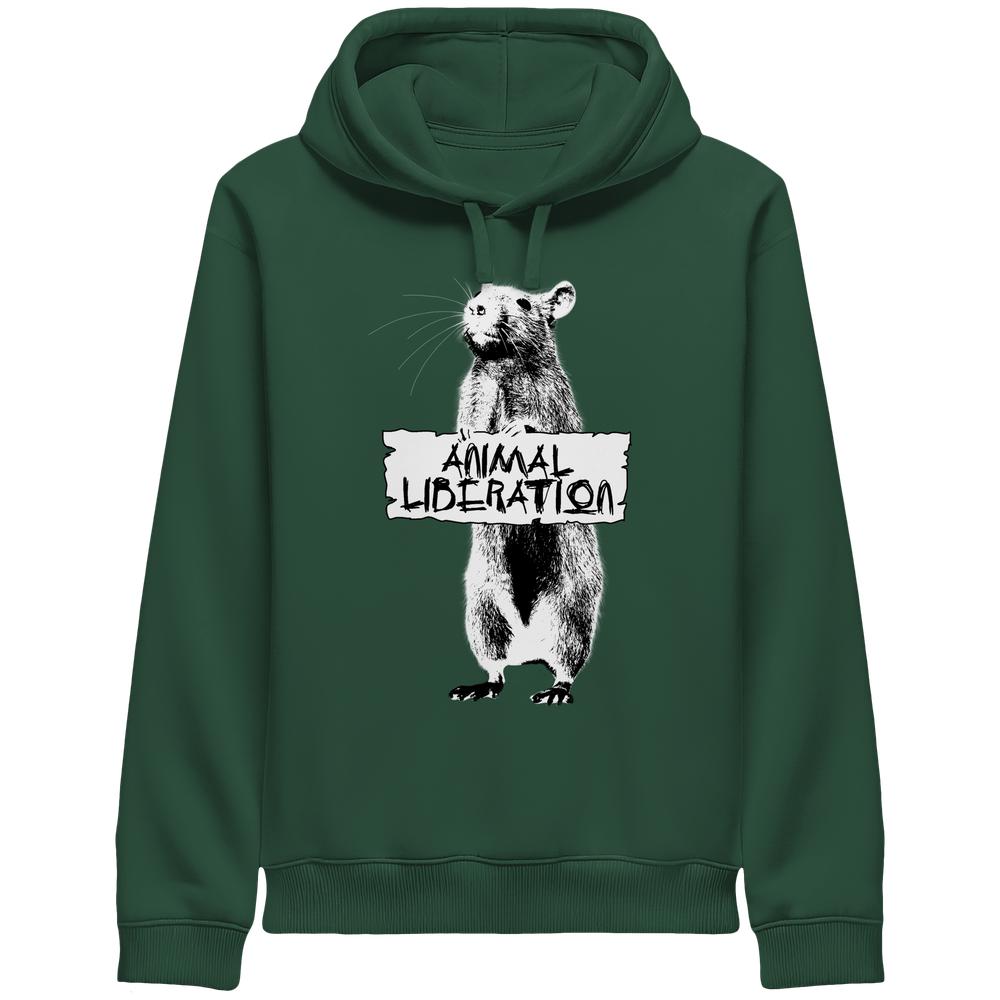 Dunkelgrüner Unisex-Hoodie mit Ratte und ANIMAL LIBERATION-Schild, inspiriert von Banksy, aus Bio-Baumwolle und recyceltem Polyester, von RUDE REBEL.