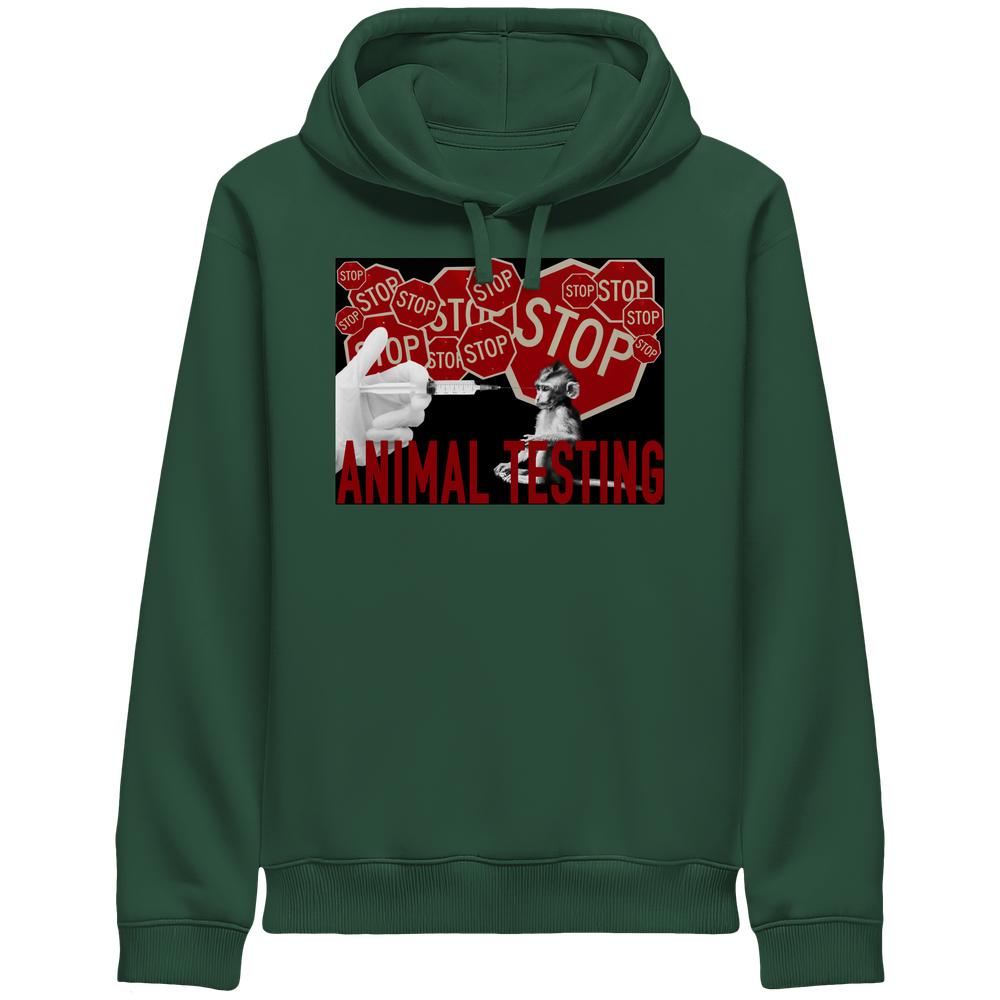 Vegan und Bio Unisex Side Pocket Hoodie: STOP ANIMAL TESTING!, zeigt Grafik mit Spritze und Affen, umgeben von roten Stoppschildern, protestiert gegen Tierversuche, aus Bio-Baumwolle und recyceltem Polyester.