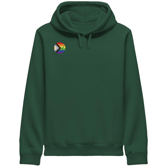 Dunkelgrüner Unisex Hoodie mit Regenbogen-Badge und Seitentaschen, repräsentiert LGBTQIA+ und Veganismus. Hergestellt aus Bio-Baumwolle und recyceltem Polyester. Nachhaltig designt von RUDE REBEL.