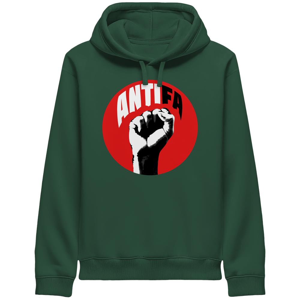 Vegan und Bio Unisex Side Pocket Hoodie: Antifa - Kampf gegen Rechts. Dunkelgrüner Hoodie mit rotem Kreis und schwarzer Faustgrafik, symbolisiert Widerstand gegen Faschismus.