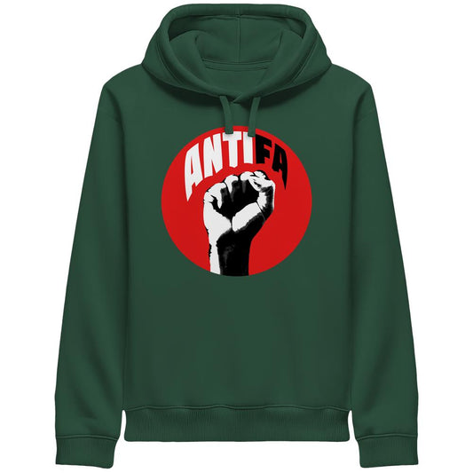 Vegan und Bio Unisex Side Pocket Hoodie: Antifa - Kampf gegen Rechts. Dunkelgrüner Hoodie mit rotem Kreis und schwarzer Faustgrafik, symbolisiert Widerstand gegen Faschismus.