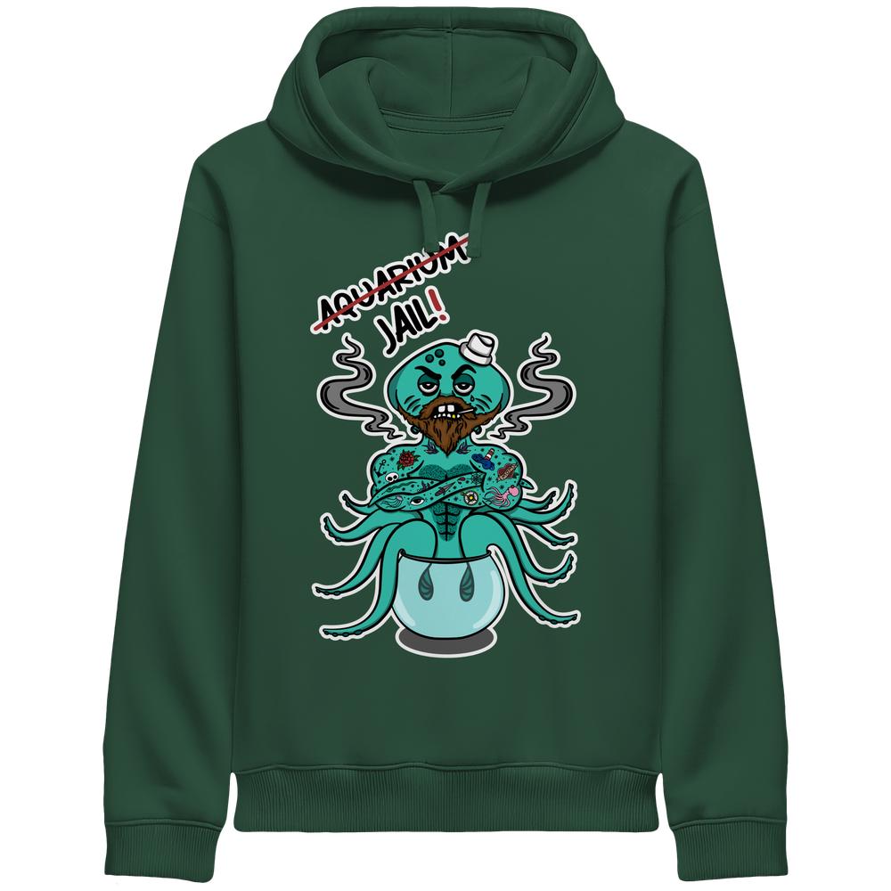 Vegan und Bio Unisex Side Pocket Hoodie: Animal Rights - Aquarium=Jail! mit cartoonhaftem Oktopus-Motiv als Statement gegen Aquarienhaltung.