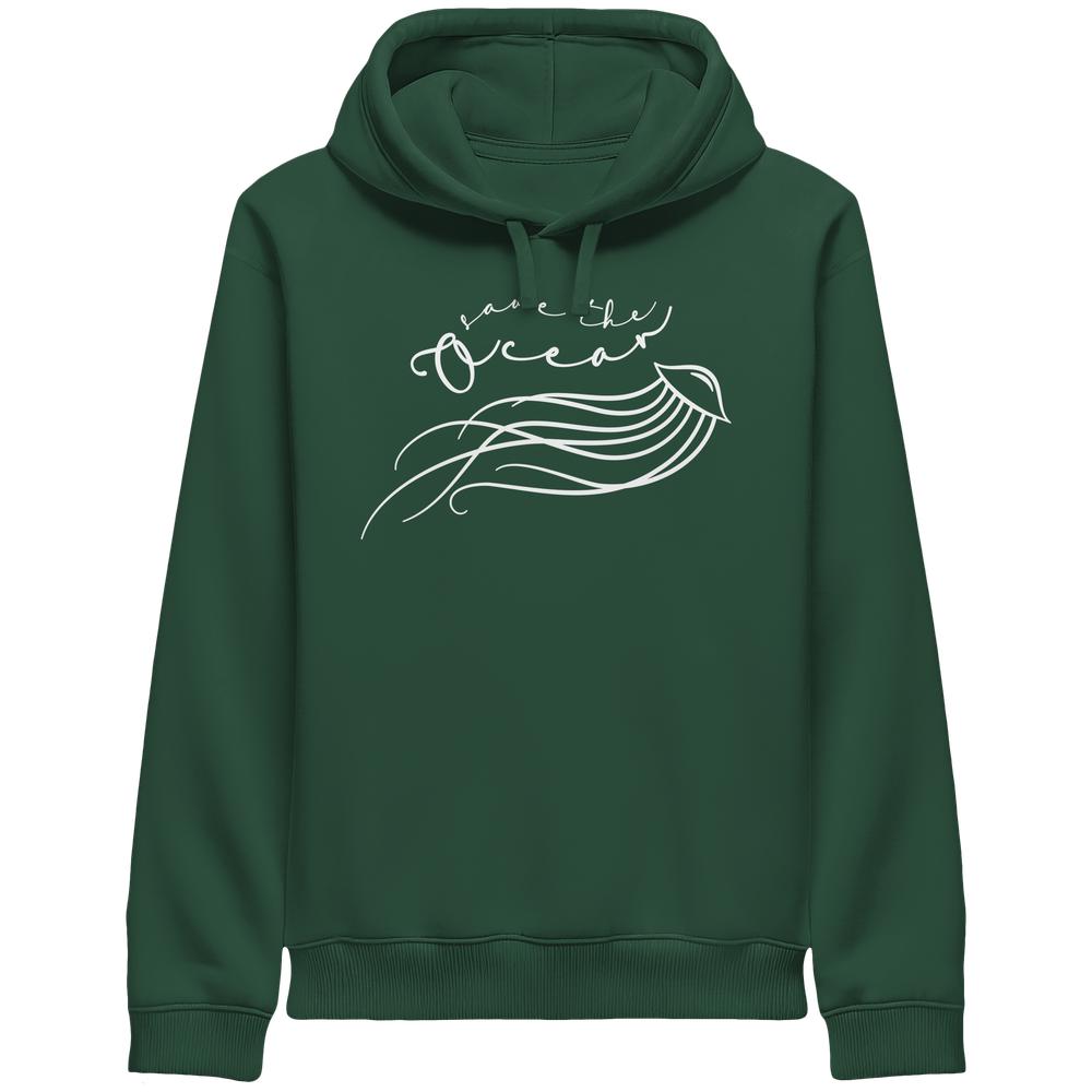 Vegan und Bio Unisex Side Pocket Hoodie: Jellyfish - Save the Ocean, zeigt stilisierte Qualle mit Save the Ocean-Schriftzug, umweltfreundlich aus Bio-Baumwolle und recyceltem Polyester.